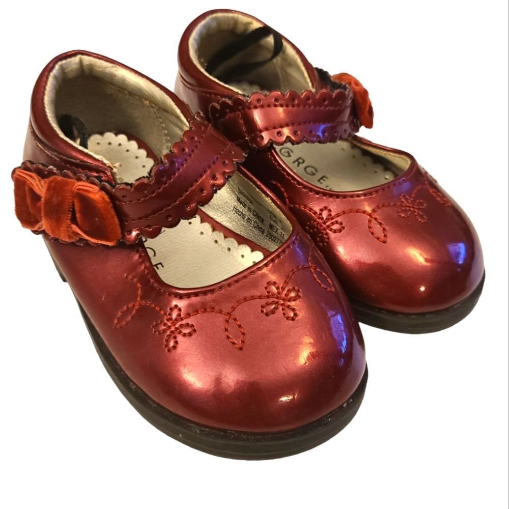 George Mary Janes Baby Ruby Embroidered Velvet Bow sz‎ 4 NWOT